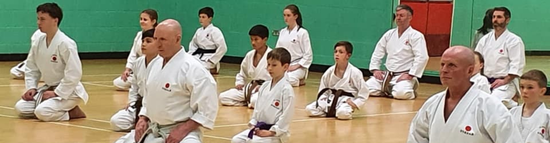 Children and adults in kneeling Karate pose